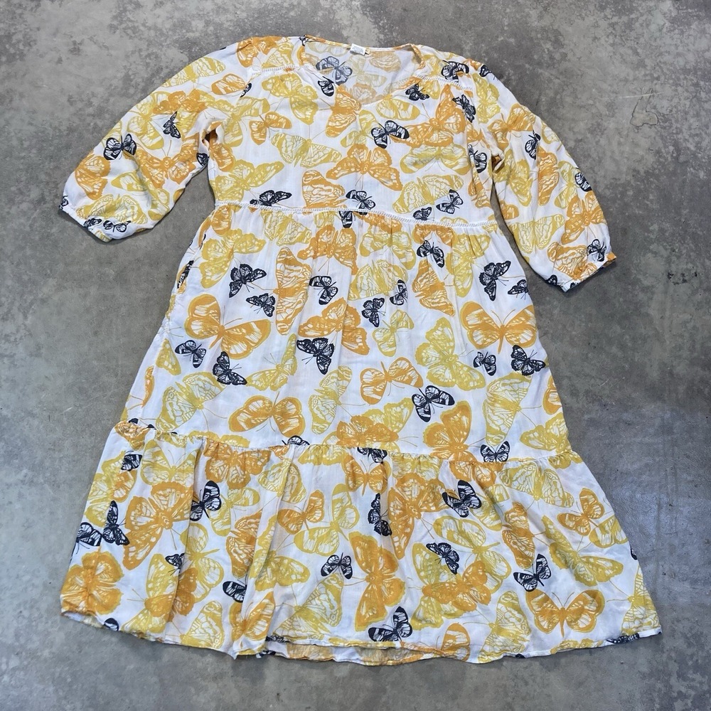 Sweet Magnolia Dress Womens Size XXL Yellow Butterfly Print Midi V Neck 90s Boho
